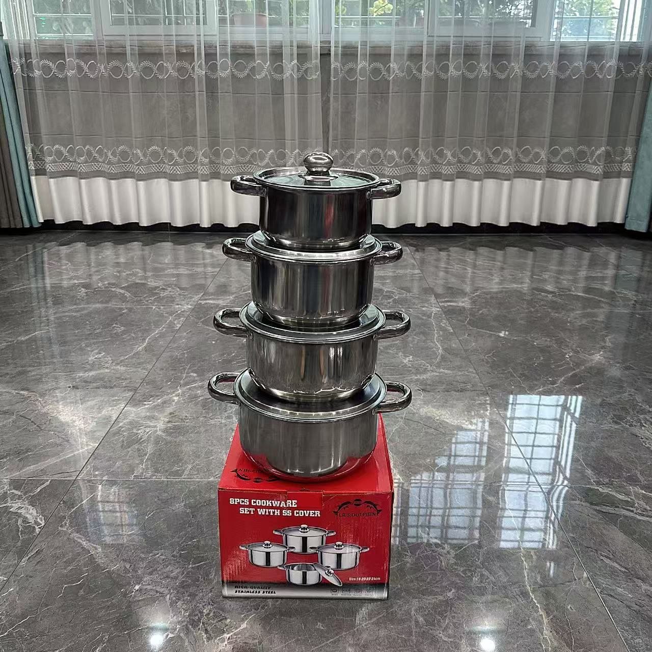 2026/04/1003321678.jpg 8pcs Set of Stainless Steel Pots with stainless steel covers - Image 1