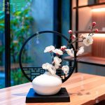 Chinese Style Black Screen Flower Decor Set. Flower + Vase + Black Screen