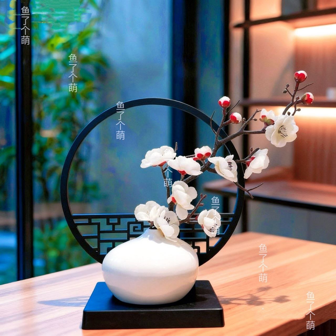 2026/07/1003421023.jpg Chinese Style Black Screen Flower Decor Set. Flower + Vase + Black Screen - Image 1